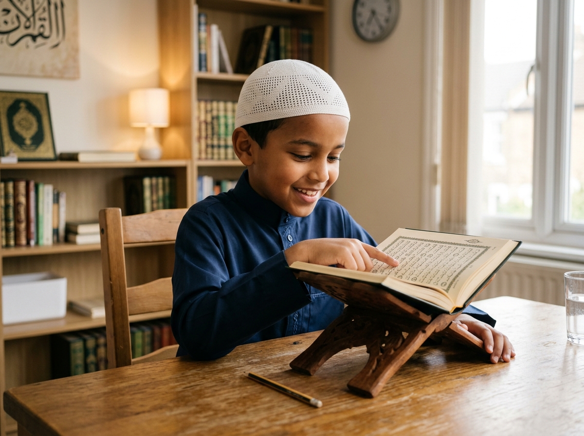 7-8 year old student learning Quran with Tajweed wearing topi